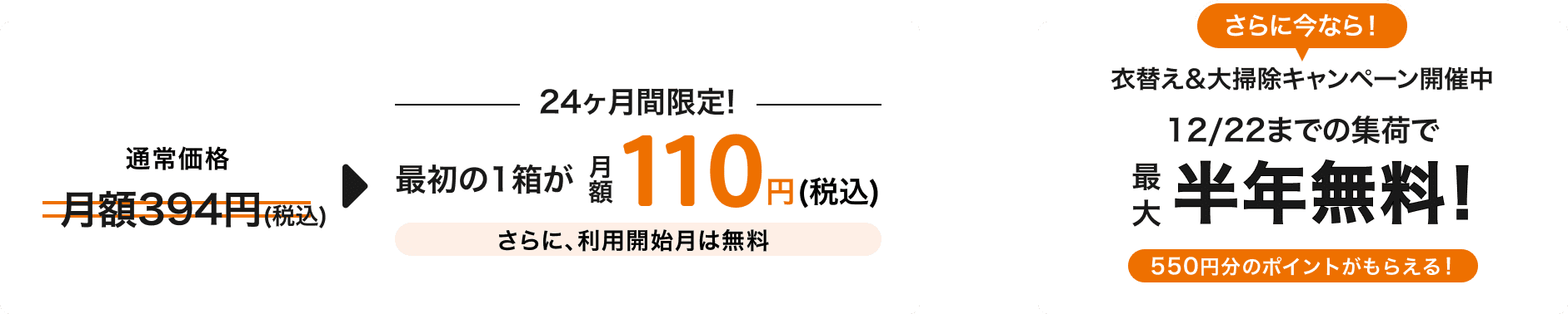 通常価格月額税込394円のところ、24ヶ月間限定で最初の1箱目の保管料が月額税込110円！さらに、利用開始月は無料！さらに今なら、衣替え＆大掃除キャンペーン開催中 12/22までの集荷で最大半年無料！550円分のポイントがもらえる！