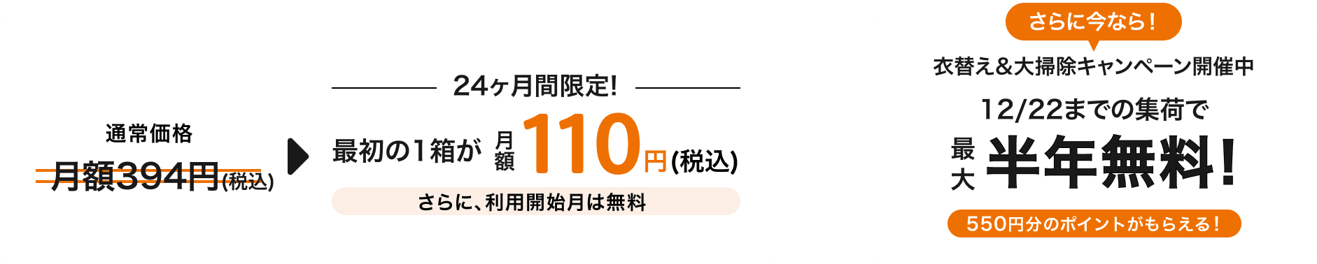 通常価格月額税込394円のところ、24ヶ月間限定で最初の1箱目の保管料が月額税込110円!さらに、利用開始月は無料!さらに今なら、衣替え&大掃除キャンペーン開催中 12/22までの集荷で最大半年無料!550円分のポイントがもらえる!