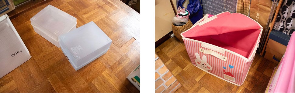 荷物の下から出てきた空の箱が10個以上も。古いプラスチックケースや布のケースは壊れやすく傷んでいるので破棄すること